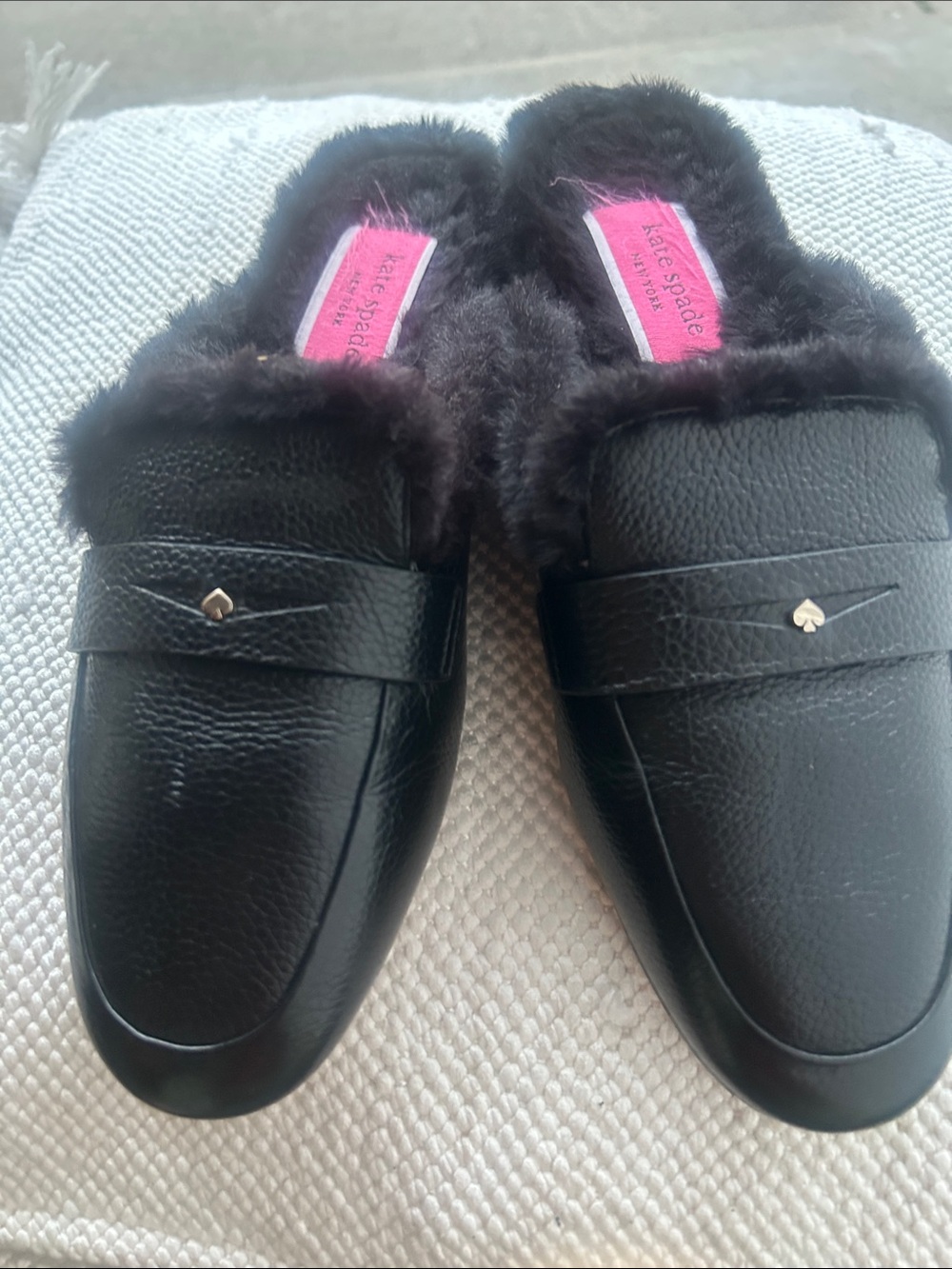 kate spade NEW YORK Black Leather Fur-Lined Loafer Mules